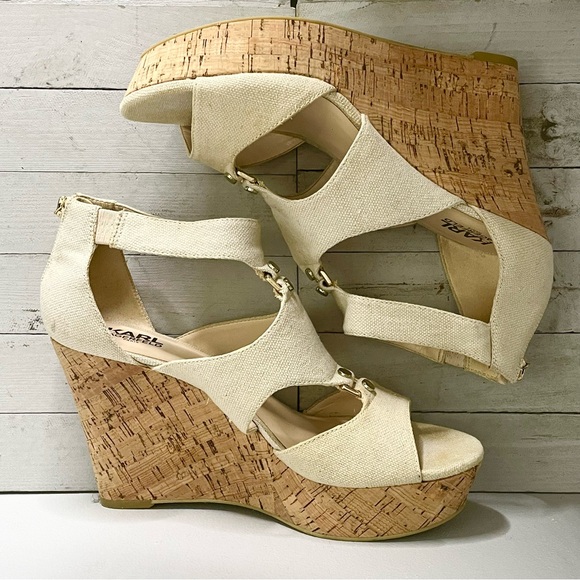 KARL LAGERFELD Savoie Canvas Cork Wedge Heel Open Toe Sandals - Picture 6 of 10